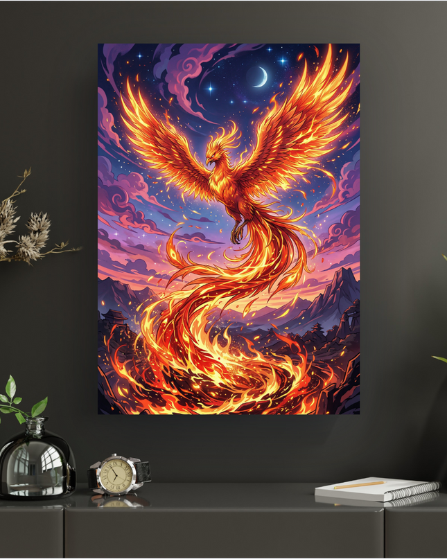 Affiche verticale aux couleurs vives représentant un majestueux phénix aux ailes déployées et à la queue flamboyante, s'élevant d'un tourbillon de flammes intenses. Le fond présente un paysage montagneux avec des structures de style pagode japonaise sous un ciel nocturne parsemé d'étoiles scintillantes et d'un croissant de lune. Les teintes dominantes sont l'orange ardent, le rouge profond, le violet et le bleu foncé, dans un style graphique inspiré de l'anime.