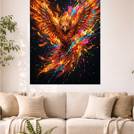 Affiche verticale représentant un phénix majestueux aux ailes déployées, entièrement composé de flammes oranges, rouges et jaunes intenses. Des éclaboussures de peinture vives bleues, roses, et dorées jaillissent dynamiquement de son corps et de ses ailes, créant un contraste saisissant sur un fond noir profond. Des plumes enflammées et des gouttes de couleur sont dispersées autour de l'oiseau mythique, symbolisant le mouvement et la puissance.