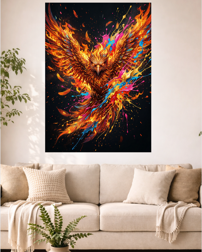 Affiche verticale représentant un phénix majestueux aux ailes déployées, entièrement composé de flammes oranges, rouges et jaunes intenses. Des éclaboussures de peinture vives bleues, roses, et dorées jaillissent dynamiquement de son corps et de ses ailes, créant un contraste saisissant sur un fond noir profond. Des plumes enflammées et des gouttes de couleur sont dispersées autour de l'oiseau mythique, symbolisant le mouvement et la puissance.