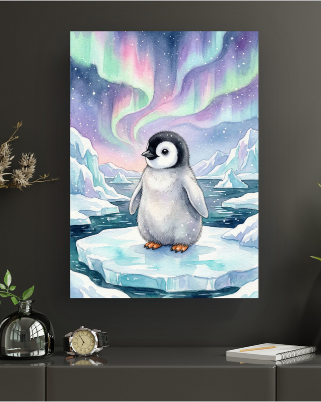 Affiche verticale illustrant un adorable bébé pingouin aux grands yeux noirs, se tenant fièrement sur un morceau de banquise flottant sur une eau calme et bleutée. Le paysage polaire en arrière-plan est dominé par des icebergs et des montagnes enneigées. Le ciel nocturne est magnifiquement illuminé par des aurores boréales aux teintes pastel de rose, violet, vert et bleu, parsemé de petites étoiles scintillantes. L'ensemble est réalisé dans un style aquarelle doux et onirique.
