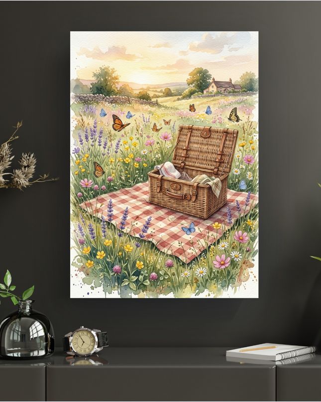 Affiche représentant une scène champêtre idyllique en aquarelle, avec un panier de pique-nique en osier ouvert posé sur une nappe à carreaux rouges et blancs, au milieu d'un champ de fleurs sauvages colorées et de papillons virevoltants. En arrière-plan, un paysage vallonné avec un muret en pierre, des arbres et une maison sous un ciel de coucher de soleil aux teintes chaudes.