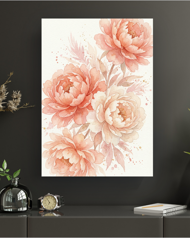 Affiche verticale représentant un bouquet de trois grandes pivoines en fleurs, peintes à l'aquarelle dans des tons de pêche, corail, crème et rose pâle. Des feuilles stylisées et de fines éclaboussures dorées complètent la composition sur un fond blanc cassé texturé. L'affiche est présentée sans cadre sur un mur gris foncé au-dessus d'un buffet moderne.