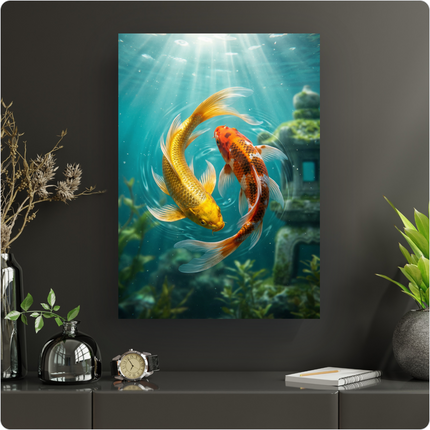 Affiche murale représentant deux poissons Koi, un doré et un orange tacheté, nageant en cercle dans une eau turquoise et limpide. Des rayons de soleil traversent la surface, créant des reflets lumineux et des ondulations. En arrière-plan, une ancienne lanterne en pierre couverte de mousse est immergée parmi des plantes aquatiques. L'ambiance est sereine et lumineuse, évoquant la culture japonaise et la nature sous-marine.