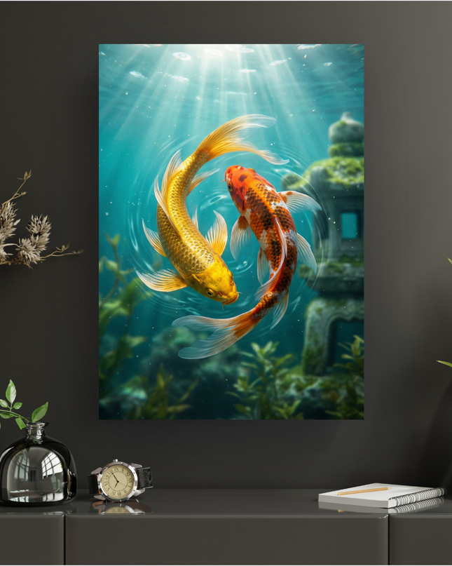 Affiche murale représentant deux poissons Koi, un doré et un orange tacheté, nageant en cercle dans une eau turquoise et limpide. Des rayons de soleil traversent la surface, créant des reflets lumineux et des ondulations. En arrière-plan, une ancienne lanterne en pierre couverte de mousse est immergée parmi des plantes aquatiques. L'ambiance est sereine et lumineuse, évoquant la culture japonaise et la nature sous-marine.