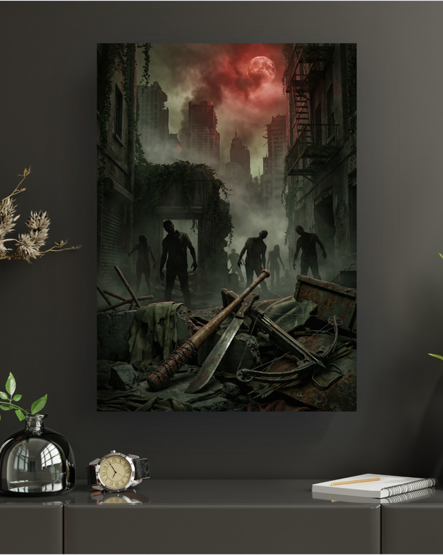 Affiche murale représentant une scène post-apocalyptique sombre et menaçante. Au premier plan, des débris et des armes de survie rouillées comme une batte de baseball cloutée, une machette et une arbalète sont éparpillés. Au centre, plusieurs silhouettes de zombies décharnés avancent lentement dans une rue de ville en ruine, envahie par la végétation et un épais brouillard verdâtre. L'arrière-plan montre des gratte-ciel détruits et des bâtiments éventrés sous un ciel rouge sang, dominé par une lune rouge é…