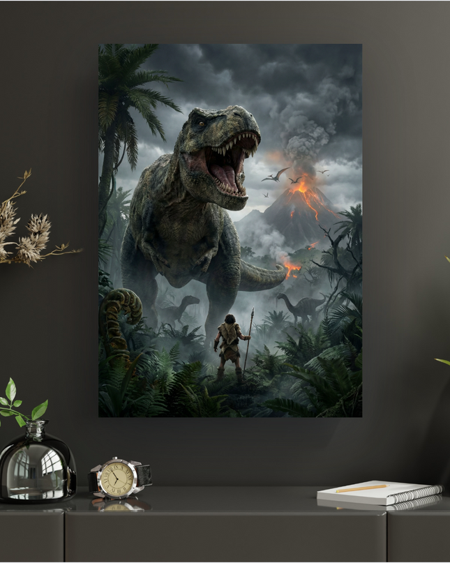 Affiche murale verticale représentant un tyrannosaure rex menaçant avec la gueule ouverte, face à un homme des cavernes armé d'une lance, au milieu d'une jungle luxuriante et sombre. À l'arrière-plan, un volcan en éruption projette des cendres et de la lave, sous un ciel orageux. Des ptérodactyles volent au-dessus du volcan et d'autres dinosaures sont visibles dans le lointain. L'ambiance est dramatique et épique.