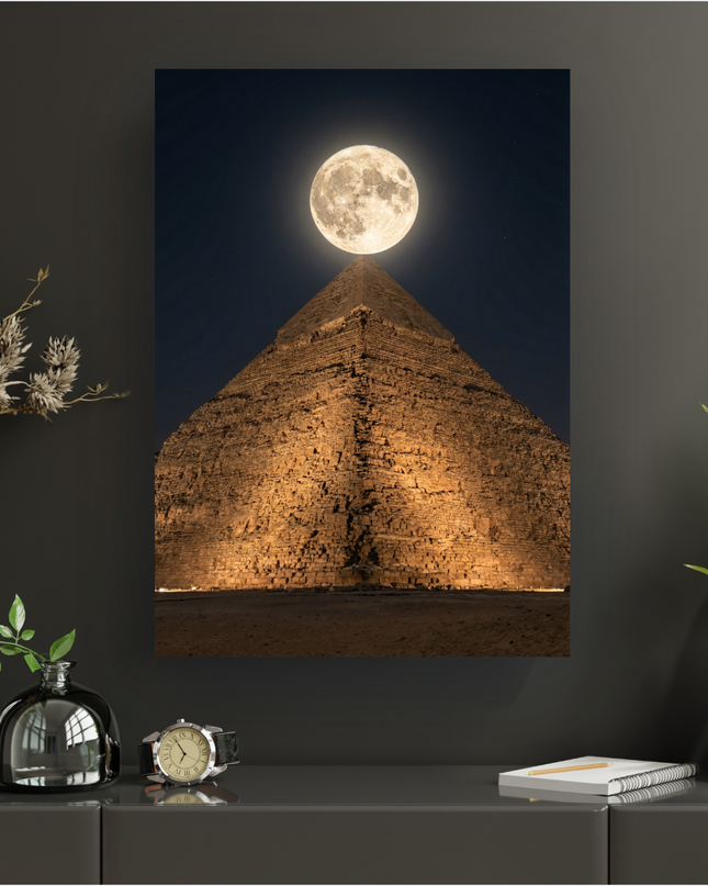 Affiche verticale représentant la Grande Pyramide de Gizeh en Égypte, illuminée de bas en haut par des projecteurs, sous un ciel nocturne profond parsemé de quelques étoiles. Une pleine lune brillante et imposante est parfaitement centrée au-dessus de l'apex de la pyramide, créant une scène majestueuse et mystérieuse. Le sable du désert est visible au premier plan, accentuant l'immensité du monument.
