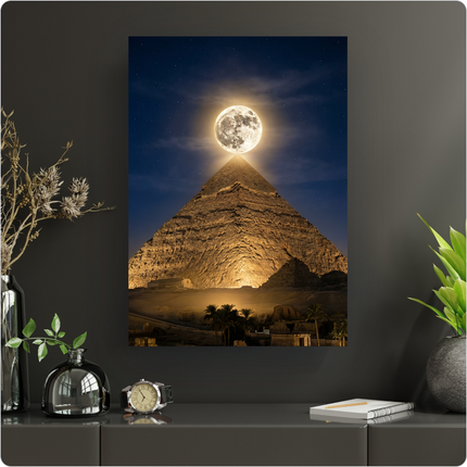 Affiche verticale représentant la Grande Pyramide de Gizeh illuminée de nuit, avec une immense pleine lune brillante et détaillée positionnée juste au-dessus de son sommet. Le ciel est d'un bleu nuit profond, parsemé d'étoiles. Au premier plan, on distingue des palmiers et des structures égyptiennes anciennes, baignées dans une lumière chaude et mystérieuse du désert.