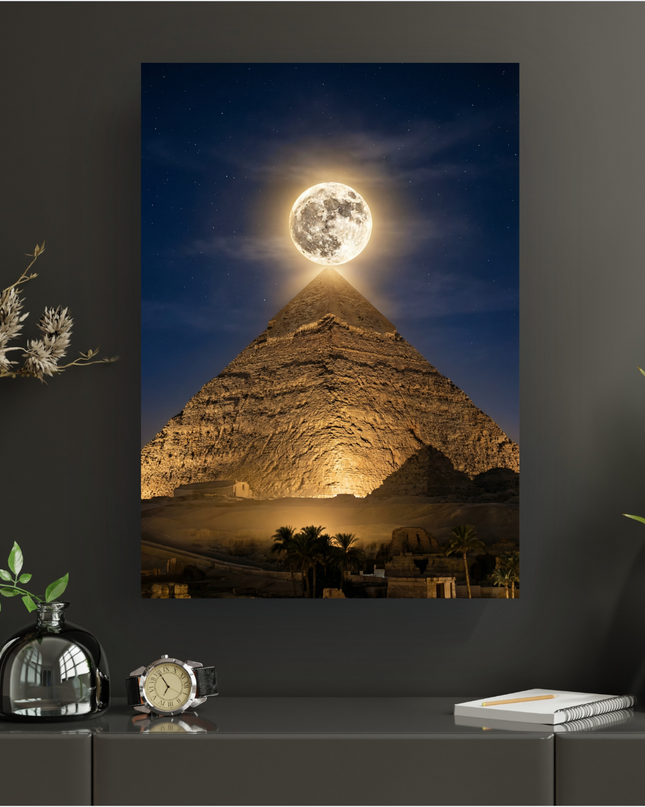 Affiche verticale représentant la Grande Pyramide de Gizeh illuminée de nuit, avec une immense pleine lune brillante et détaillée positionnée juste au-dessus de son sommet. Le ciel est d'un bleu nuit profond, parsemé d'étoiles. Au premier plan, on distingue des palmiers et des structures égyptiennes anciennes, baignées dans une lumière chaude et mystérieuse du désert.