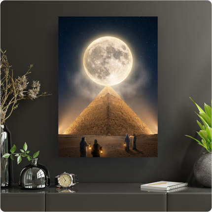Poster vertical représentant une majestueuse pyramide égyptienne sous une immense pleine lune dorée et lumineuse, éclairant le ciel nocturne parsemé d'étoiles. Au premier plan, trois figures vêtues de tenues traditionnelles, portant des lanternes, se tiennent dans le désert sableux, contemplant la scène. Une légère brume entoure la base de la lune, ajoutant à l'atmosphère mystique.