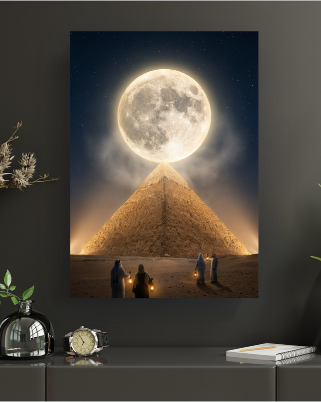 Poster vertical représentant une majestueuse pyramide égyptienne sous une immense pleine lune dorée et lumineuse, éclairant le ciel nocturne parsemé d'étoiles. Au premier plan, trois figures vêtues de tenues traditionnelles, portant des lanternes, se tiennent dans le désert sableux, contemplant la scène. Une légère brume entoure la base de la lune, ajoutant à l'atmosphère mystique.