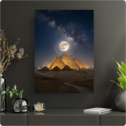 Affiche verticale représentant les trois grandes pyramides de Gizeh, illuminées par une lumière chaude, sous un ciel nocturne profond. Une pleine lune rayonnante est centrée au-dessus des pyramides, entourée d'un halo subtil, tandis que la Voie Lactée s'étend majestueusement dans le ciel étoilé. Un chemin de pierres s'enfonce dans le sable du désert au premier plan, et des silhouettes lointaines de dromadaires et de personnes sont visibles près des monuments.
