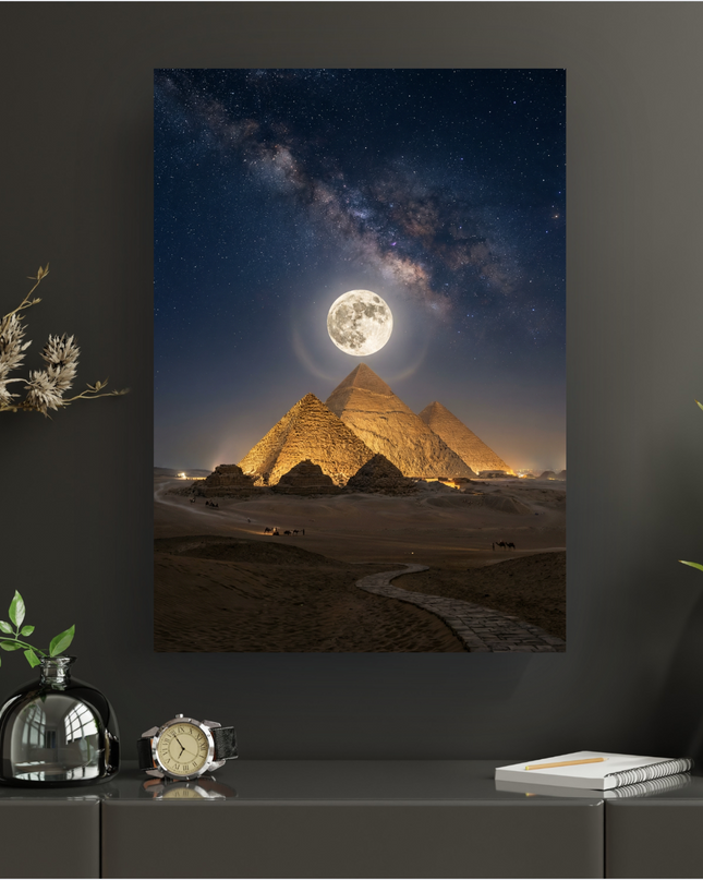 Affiche verticale représentant les trois grandes pyramides de Gizeh, illuminées par une lumière chaude, sous un ciel nocturne profond. Une pleine lune rayonnante est centrée au-dessus des pyramides, entourée d'un halo subtil, tandis que la Voie Lactée s'étend majestueusement dans le ciel étoilé. Un chemin de pierres s'enfonce dans le sable du désert au premier plan, et des silhouettes lointaines de dromadaires et de personnes sont visibles près des monuments.