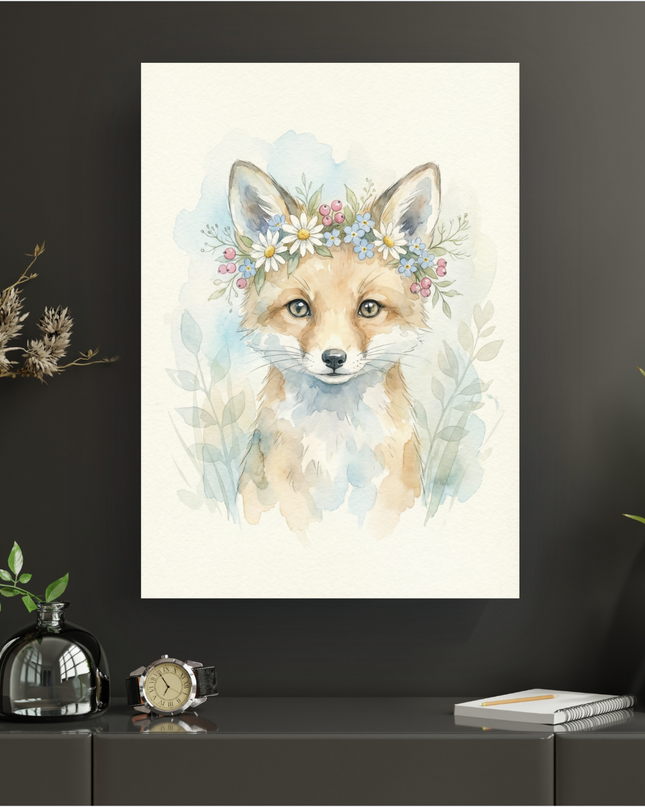 Affiche verticale représentant un jeune renard au pelage roux et blanc, peint à l'aquarelle. Le renard porte une couronne de fleurs composée de marguerites blanches, de petites fleurs bleues et de baies rouges. Le fond est clair avec des touches de vert et de bleu pastel évoquant la nature. L'affiche est présentée sur un mur sombre dans un intérieur moderne, posée sur un meuble avec des objets décoratifs.