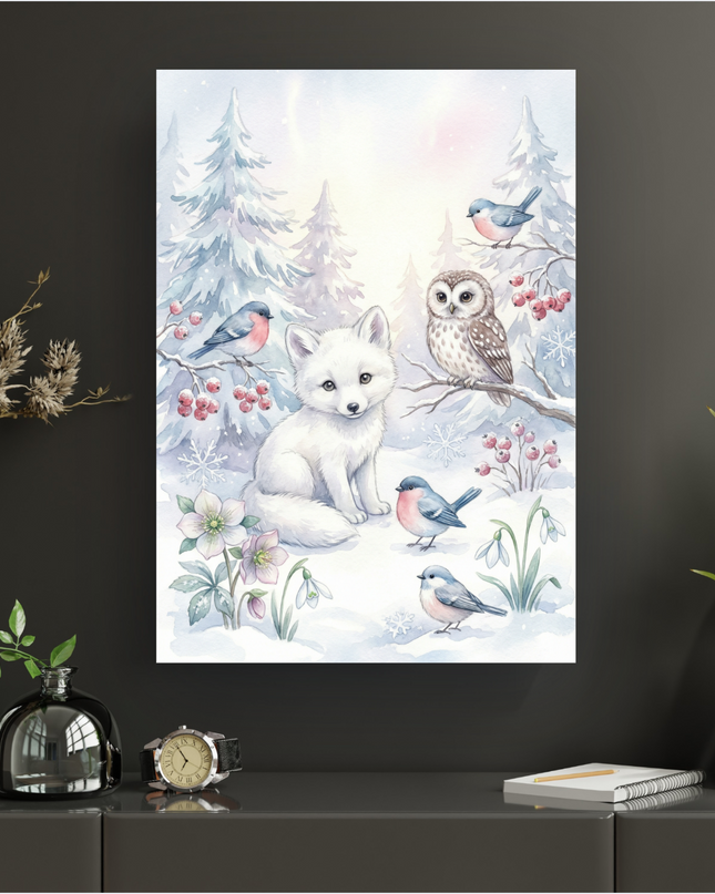 Affiche verticale représentant une scène hivernale en aquarelle. Au centre, un jeune renard blanc est assis dans la neige, entouré de quatre petits oiseaux aux poitrines roses. Une chouette brune est perchée sur une branche d'arbre enneigée, près de baies rouges. Des fleurs d'hellébores roses pâles et des perce-neige émergent de la neige. L'arrière-plan montre une forêt de sapins enneigés sous un ciel clair avec une lueur rosée de soleil levant ou couchant. Des flocons de neige sont dispersés dans l'illust…