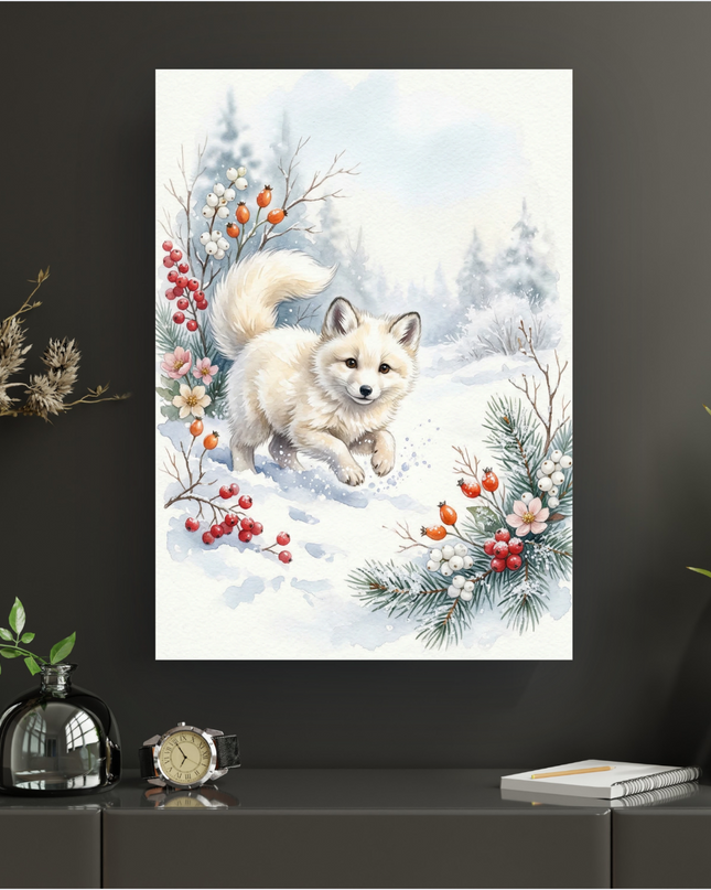 Affiche verticale illustrant un jeune renard blanc au pelage doux, courant joyeusement dans un paysage hivernal enneigé. L'illustration, de style aquarelle, présente des touches de bleu clair, de blanc et de gris pour la neige et les arbres flous en arrière-plan. Au premier plan, des branches de pin, des baies rouges et blanches, ainsi que de petites fleurs roses ajoutent des touches de couleur vive. Le renard a de grands yeux marron expressifs et une queue touffue. L'ensemble dégage une ambiance douce et…