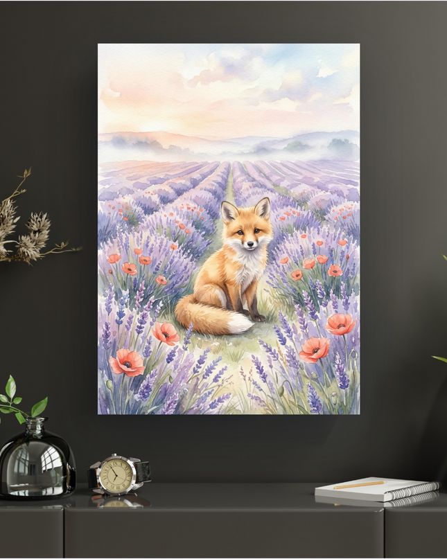 Affiche représentant une illustration à l'aquarelle d'un jeune renard roux au pelage doux et à l'expression curieuse, assis au milieu d'un vaste champ de lavande violette. Le champ est parsemé de coquelicots rouges vifs. L'arrière-plan montre des collines brumeuses sous un ciel doux aux teintes pastel de rose, d'orange et de bleu clair, évoquant une atmosphère paisible et onirique.