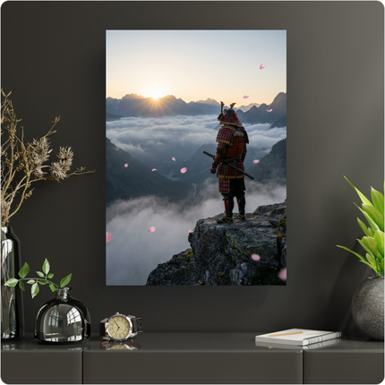 Affiche représentant un samouraï en armure rouge et noire, vu de dos, debout sur une falaise escarpée. Il contemple un lever de soleil éclatant au-dessus d'une mer de nuages enveloppant une vallée montagneuse. Des pétales de cerisier roses flottent dans l'air, ajoutant une touche poétique à cette scène épique et sereine.