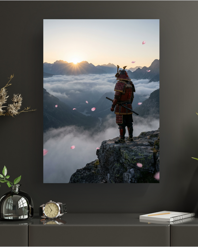 Affiche représentant un samouraï en armure rouge et noire, vu de dos, debout sur une falaise escarpée. Il contemple un lever de soleil éclatant au-dessus d'une mer de nuages enveloppant une vallée montagneuse. Des pétales de cerisier roses flottent dans l'air, ajoutant une touche poétique à cette scène épique et sereine.