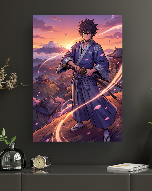 Affiche verticale représentant un jeune samouraï aux cheveux noirs et yeux dorés, vêtu d'un kimono bleu et gris, tenant un katana. Il se tient sur une colline parsemée de pétales de cerisier roses, surplombant un paysage japonais avec des temples traditionnels et le Mont Fuji en arrière-plan. Le soleil se couche, peignant le ciel de teintes orange, violettes et roses, avec des traînées lumineuses éthérées autour du personnage. L'ambiance est épique et mystique.