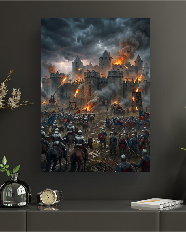 Affiche représentant un château médiéval en plein siège, avec des flammes, de la fumée et des chevaliers à cheval et à pied devant ses murs. Le ciel est sombre et orageux, avec des éclairs, ajoutant à l'intensité dramatique de la bataille. L'image est présentée sur un mur sombre avec des éléments de décoration modernes.