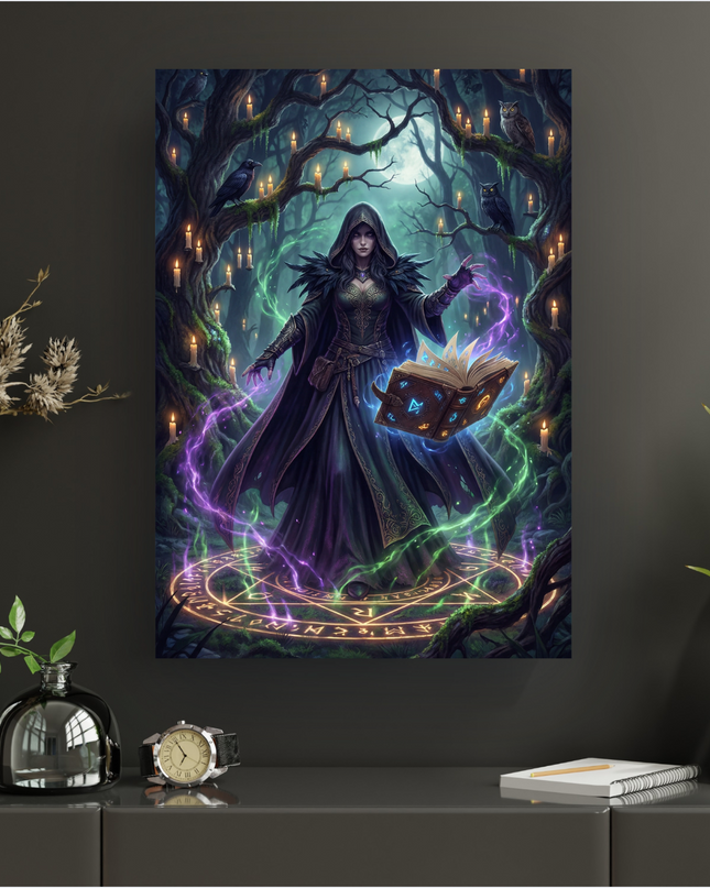 Affiche verticale immersive représentant une puissante sorcière aux longs cheveux noirs, vêtue d'une robe sombre et d'une cape à capuche, au centre d'une forêt enchantée et mystérieuse. Elle tient un livre de sorts ouvert d'une main et manipule de l'énergie magique verte et violette qui tourbillonne autour d'elle et forme un cercle runique lumineux au sol. Les arbres centenaires et noueux qui l'entourent sont ornés de nombreuses bougies allumées, créant une lumière chaude et vacillante. Des hiboux et des c…