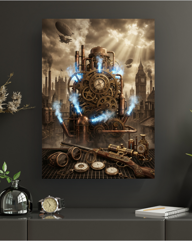 Affiche verticale murale au style steampunk. Elle représente une gigantesque machine à engrenages et horloges, d'où s'échappent des vapeurs bleues lumineuses, au premier plan. En arrière-plan, une ville victorienne évoquant Londres avec Big Ben et des cheminées fumantes, sous un ciel nuageux traversé de rayons de soleil. Des dirigeables et aéronefs survolent la cité. Au bas de l'image, des objets comme une carabine ornée, des montres à gousset et des lunettes d'aviateur sont posés sur une grille métallique…