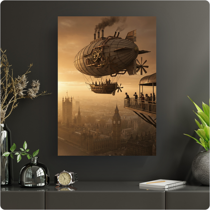 Affiche murale représentant un dirigeable steampunk détaillé avec des engrenages, des hélices et des cheminées fumantes, survolant la ville de Londres au coucher du soleil. Le Parlement et Big Ben sont visibles dans une lumière orangée et brumeuse. Des passagers élégants observent le paysage depuis la nacelle du dirigeable et une plateforme d'observation aérienne. L'ambiance est rétro-futuriste et pleine d'aventure.