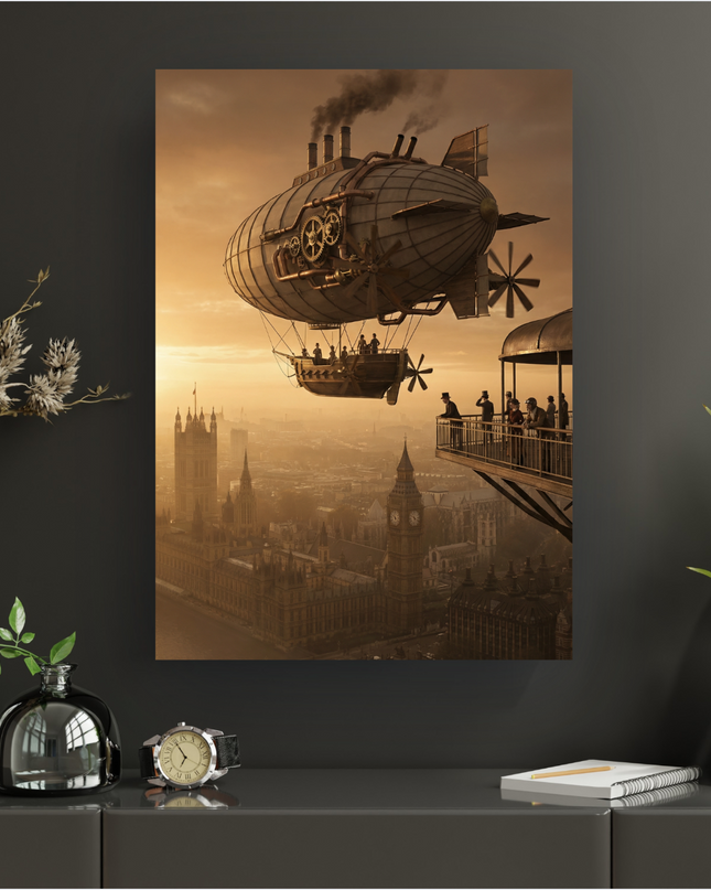 Affiche murale représentant un dirigeable steampunk détaillé avec des engrenages, des hélices et des cheminées fumantes, survolant la ville de Londres au coucher du soleil. Le Parlement et Big Ben sont visibles dans une lumière orangée et brumeuse. Des passagers élégants observent le paysage depuis la nacelle du dirigeable et une plateforme d'observation aérienne. L'ambiance est rétro-futuriste et pleine d'aventure.