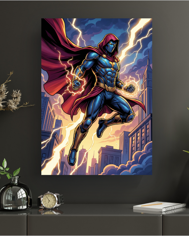 Poster vertical vibrant représentant un super-héros masqué en costume bleu et rouge, avec une cape écarlate flottante et une capuche. Il flotte au-dessus d'une ville moderne sous un ciel orageux, générant des éclairs jaunes intenses de ses poings. L'illustration est dans un style bande dessinée dynamique, avec des gratte-ciel en arrière-plan et des nuages sombres traversés par la foudre.