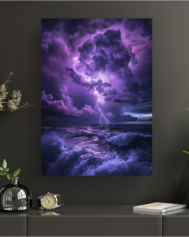 Affiche verticale représentant une scène marine nocturne et orageuse. Le ciel est dominé par d'énormes nuages violets et roses, traversés par de puissants éclairs blancs et bleus. L'océan en dessous est agité, avec de grandes vagues déferlantes aux teintes violettes et bleues, reflétant la lumière des éclairs. L'ambiance est dramatique et mystérieuse, avec des contrastes saisissants.