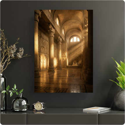 Affiche représentant l'intérieur majestueux d'un temple ou d'un palais antique, baigné par des rayons de lumière dorée filtrant à travers une grande fenêtre cintrée. La scène est dominée par de hautes colonnes sculptées, des murs ornés de bas-reliefs figurant des créatures mythologiques ailées et des motifs anciens. Le sol est carrelé de motifs géométriques complexes. Au fond, un trône imposant est visible, accentuant l'atmosphère de grandeur et de mystère. La lumière crée des contrastes saisissants et met…
