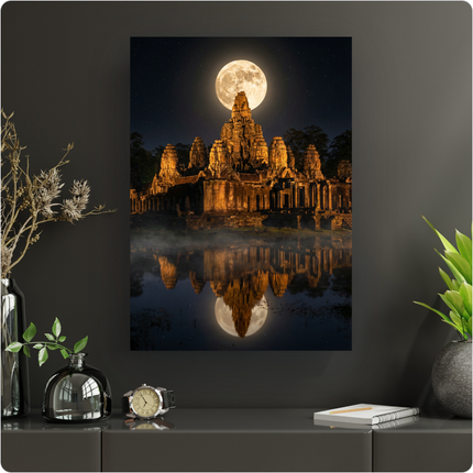 Une affiche verticale représentant le temple de Bayon à Angkor Thom, Cambodge, la nuit. Une pleine lune lumineuse domine les tours du temple, qui sont éclairées par une lumière chaude, créant des reflets dorés sur l'eau brumeuse au premier plan. Le ciel est constellé d'étoiles, et la silhouette des arbres est visible à l'arrière-plan. L'image est sombre et mystérieuse.