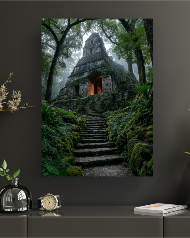 Affiche verticale représentant un ancien temple maya en pierre, partiellement envahi par la végétation luxuriante d'une jungle brumeuse. Un escalier en pierre moussue mène à l'entrée du temple, d'où émane une douce lumière dorée. De grands arbres feuillus encadrent la scène, ajoutant à l'atmosphère mystique et immersive, avec des tons de vert profond et de gris.