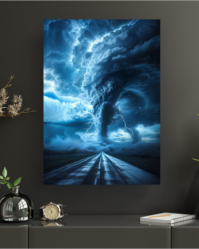 Affiche verticale représentant une scène orageuse spectaculaire. Un ciel sombre et tourbillonnant, dominé par un immense entonnoir de tornade au centre, est illuminé par de puissants éclairs bleus et blancs. Une route mouillée et réfléchissante s'étend vers l'horizon sous cette tempête déchaînée. L'ambiance est dramatique et puissante, avec des teintes de bleu profond, gris et blanc éclatant.