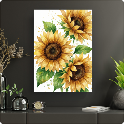 Affiche verticale illustrant trois grands tournesols aux pétales jaunes dorés et cœurs bruns, avec des feuilles vertes vives et des éclaboussures de peinture jaune et verte sur un fond blanc pur. Le style est une aquarelle vibrante et lumineuse, évoquant la chaleur de l'été.