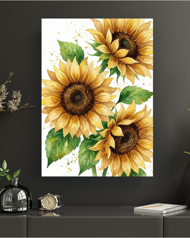 Affiche verticale illustrant trois grands tournesols aux pétales jaunes dorés et cœurs bruns, avec des feuilles vertes vives et des éclaboussures de peinture jaune et verte sur un fond blanc pur. Le style est une aquarelle vibrante et lumineuse, évoquant la chaleur de l'été.