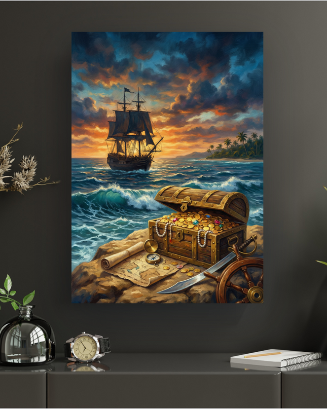Affiche verticale captivante illustrant une scène de pirates au crépuscule. Un grand navire pirate à voiles noires navigue sur une mer agitée sous un ciel flamboyant aux teintes d'orange, de violet et de bleu sombre. Au premier plan, sur une plage rocheuse, un coffre au trésor en bois est grand ouvert, débordant de pièces d'or brillantes, de colliers de perles et de pierres précieuses colorées. À côté du coffre, on voit une carte au trésor roulée, une boussole en laiton, une dague à lame courbée et un gouv…