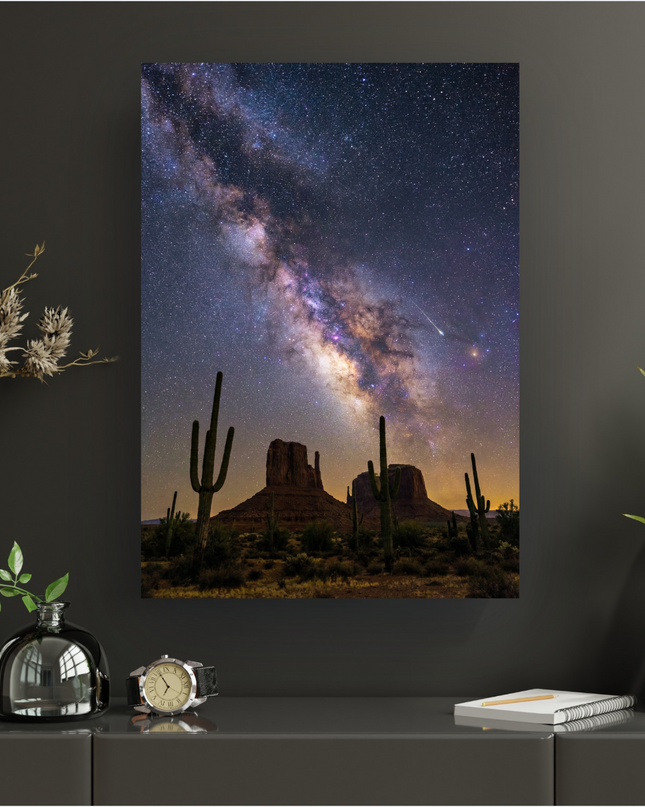 Affiche verticale capturant la majesté de la Voie Lactée au-dessus des formations rocheuses emblématiques de Monument Valley. Le ciel nocturne est un spectacle d'étoiles scintillantes et de nébuleuses aux teintes violettes, roses et bleues. Au premier plan, plusieurs grands cactus saguaro se dressent fièrement dans le paysage désertique, éclairé par une douce lueur orangée à l'horizon. Une étoile filante traverse le ciel, ajoutant une touche de magie à cette scène grandiose.