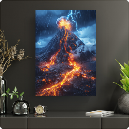 Affiche murale représentant une scène dramatique d'un volcan en pleine éruption. La lave incandescente s'écoule le long des flancs sombres de la montagne, illuminant le paysage. Un ciel orageux est traversé par des éclairs bleus vifs, et des gouttes de pluie tombent, ajoutant à l'intensité de la scène. La fumée et les cendres s'échappent du cratère. L'affiche est présentée sur un mur gris foncé, au-dessus d'un meuble bas avec des objets décoratifs.
