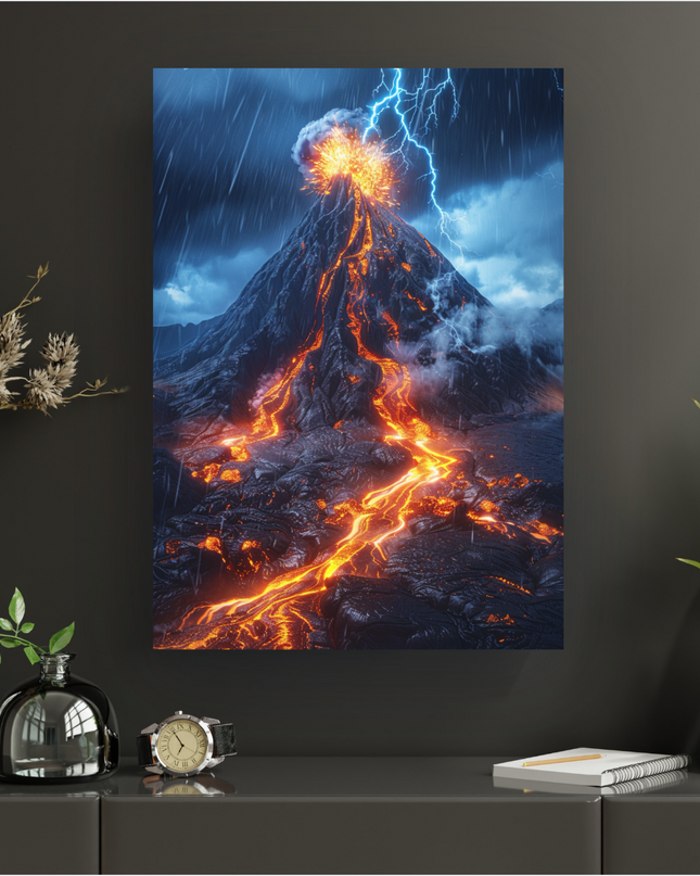 Affiche murale représentant une scène dramatique d'un volcan en pleine éruption. La lave incandescente s'écoule le long des flancs sombres de la montagne, illuminant le paysage. Un ciel orageux est traversé par des éclairs bleus vifs, et des gouttes de pluie tombent, ajoutant à l'intensité de la scène. La fumée et les cendres s'échappent du cratère. L'affiche est présentée sur un mur gris foncé, au-dessus d'un meuble bas avec des objets décoratifs.