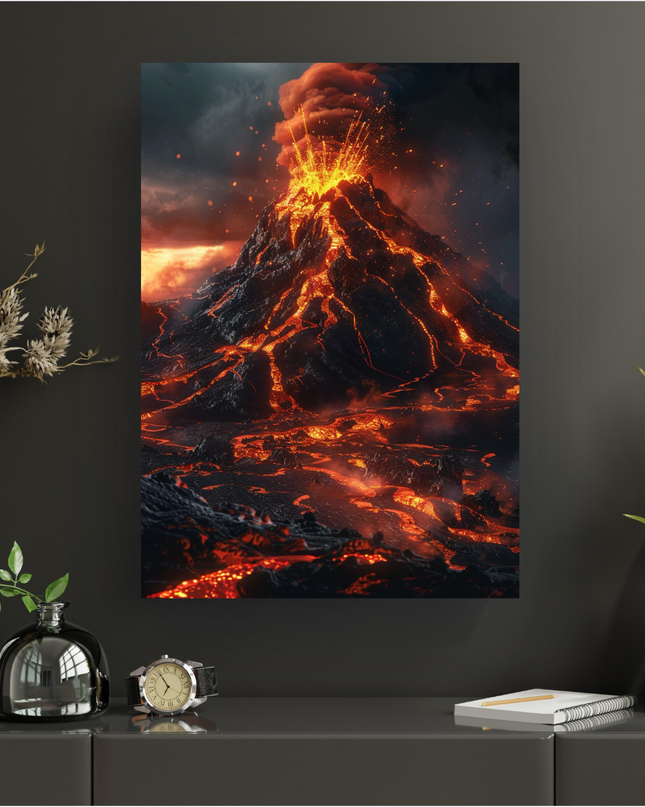 Affiche verticale représentant un volcan en pleine éruption, projetant des gerbes de lave incandescente dans un ciel sombre et orageux. La lave rougeoyante coule le long des pentes noires du volcan et s'étale en rivières ardentes au premier plan, créant un contraste saisissant avec les nuages de cendres et la fumée orangée. L'ambiance est intense et dramatique.