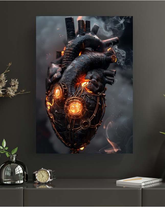 Affiche murale verticale représentant un cœur humain stylisé en métal sombre, orné d'engrenages, de fils de cuivre et de trois orbes lumineuses orange incandescentes. Le cœur est entouré de volutes de fumée et d'étincelles, créant une ambiance mystérieuse et industrielle sur un fond noir dégradé.