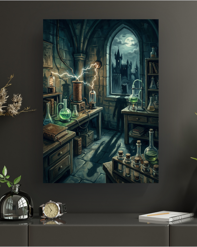 Affiche murale représentant un laboratoire ancien et sombre, éclairé par la lune visible à travers une fenêtre gothique donnant sur un château. Au centre, une bobine de Tesla génère des éclairs, entourée de fioles et béchers contenant des liquides verts lumineux, de livres anciens et d'équipements scientifiques d'époque. L'ambiance est mystérieuse et fantastique.