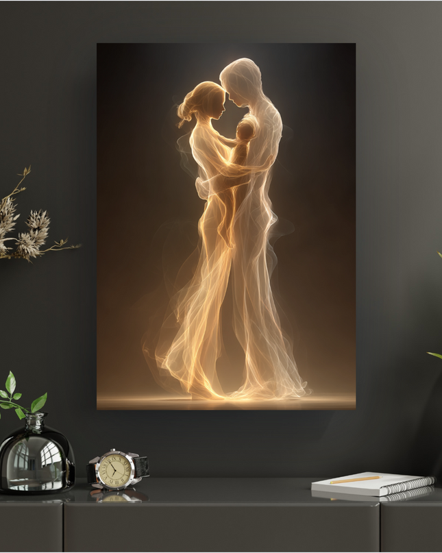 Affiche verticale représentant une famille (homme, femme et bébé) formée de silhouettes lumineuses et éthérées. Les figures, baignées d'une lumière dorée et blanche, s'enlacent tendrement sur un fond sombre et mystérieux, évoquant la chaleur et la pureté des liens familiaux.