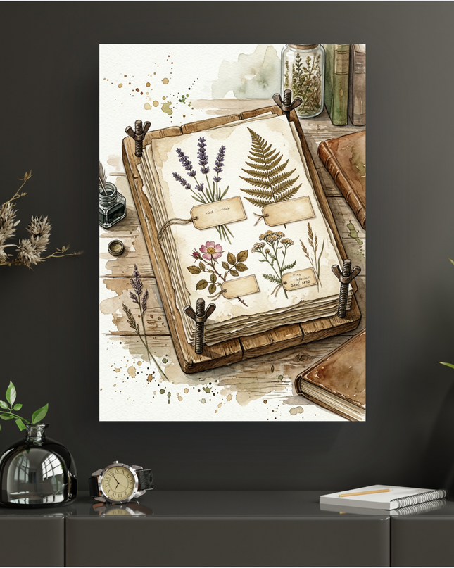 Affiche murale représentant une illustration à l'aquarelle d'un herbier vintage. On y voit un presse-herbier en bois contenant des spécimens botaniques séchés : brins de lavande, une fougère, une églantine (rose sauvage) et de l'achillée millefeuille. L'ensemble est posé sur une table en bois, avec des taches d'aquarelle, à côté d'un encrier, de vieux livres reliés en cuir et d'un bocal de plantes séchées. L'ambiance est studieuse et naturelle, avec des tons doux et terreux.