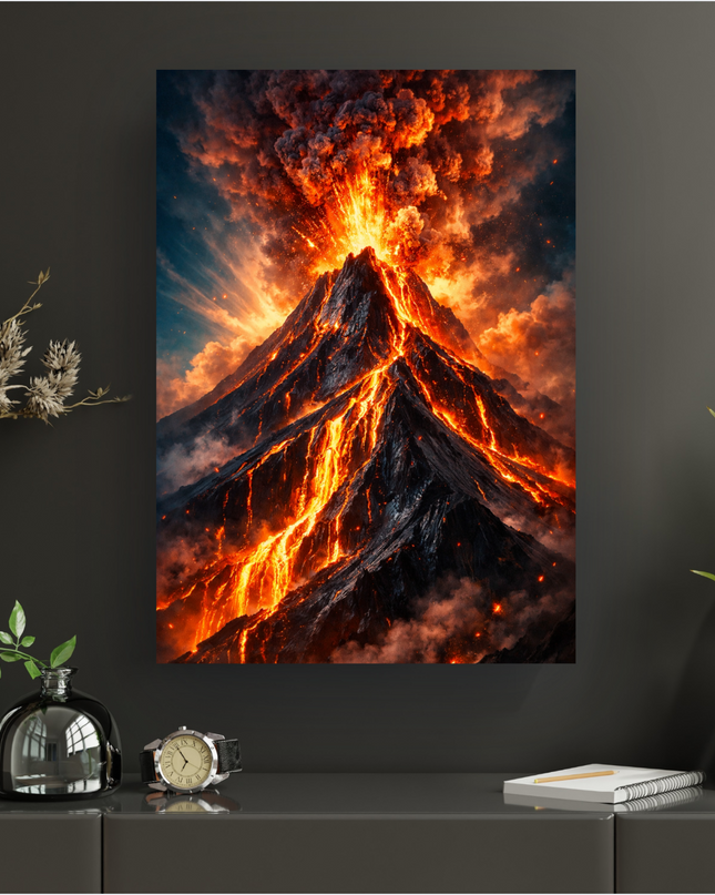 Affiche verticale représentant une éruption volcanique spectaculaire. Un volcan sombre crache une colonne de fumée et de cendres rougeoyantes dans un ciel sombre et nuageux. Des coulées de lave orange vif et jaune incandescent dévalent les flancs de la montagne, illuminant le paysage. Des éclats de lumière et des nuages ardents entourent le sommet, créant une scène dramatique et puissante.